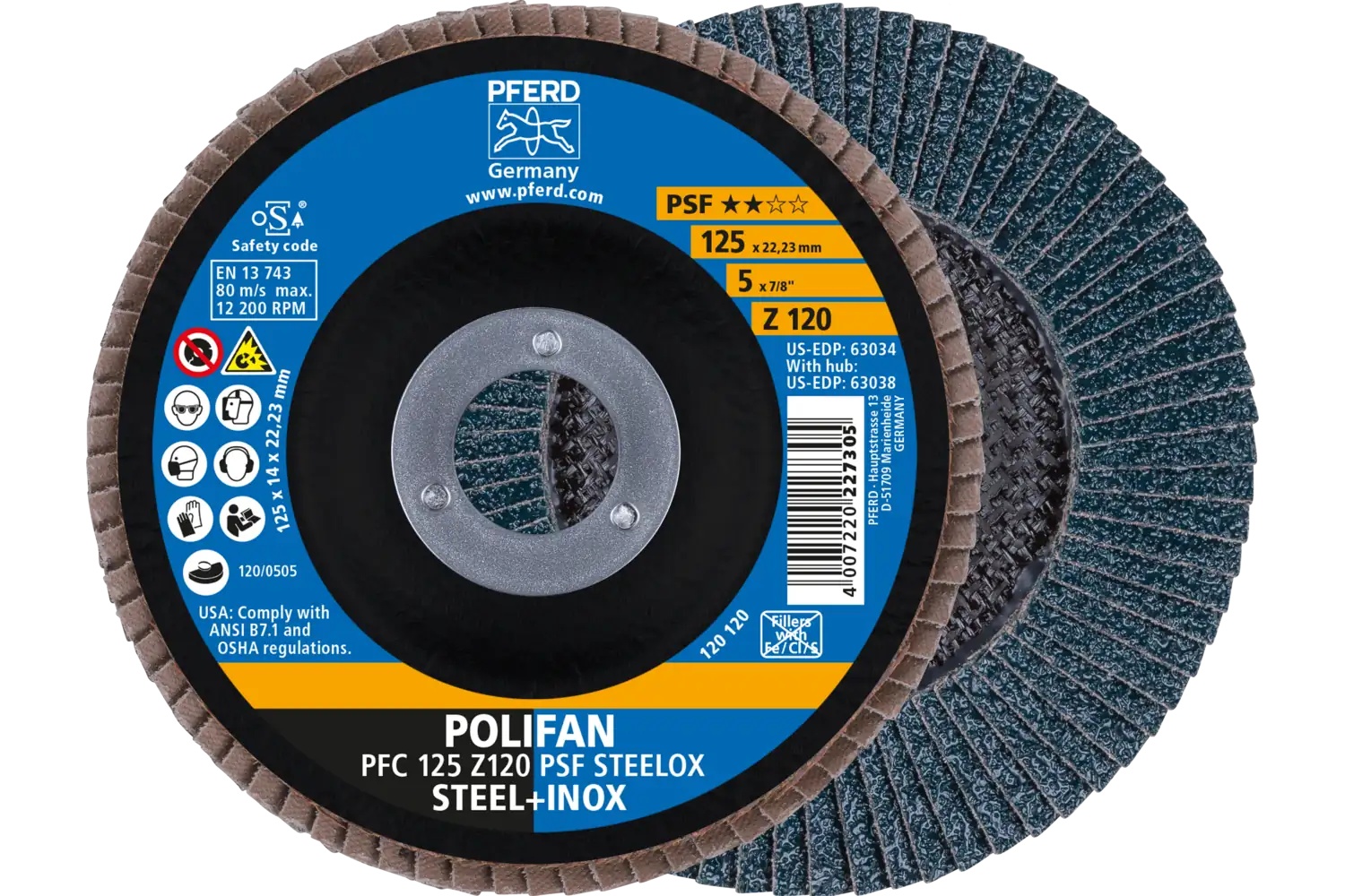 Picture of Pferd Flap Disc, 5" x 7/8, Z PSF Steelox, 120 Grit, T29, Conical, Zirconia